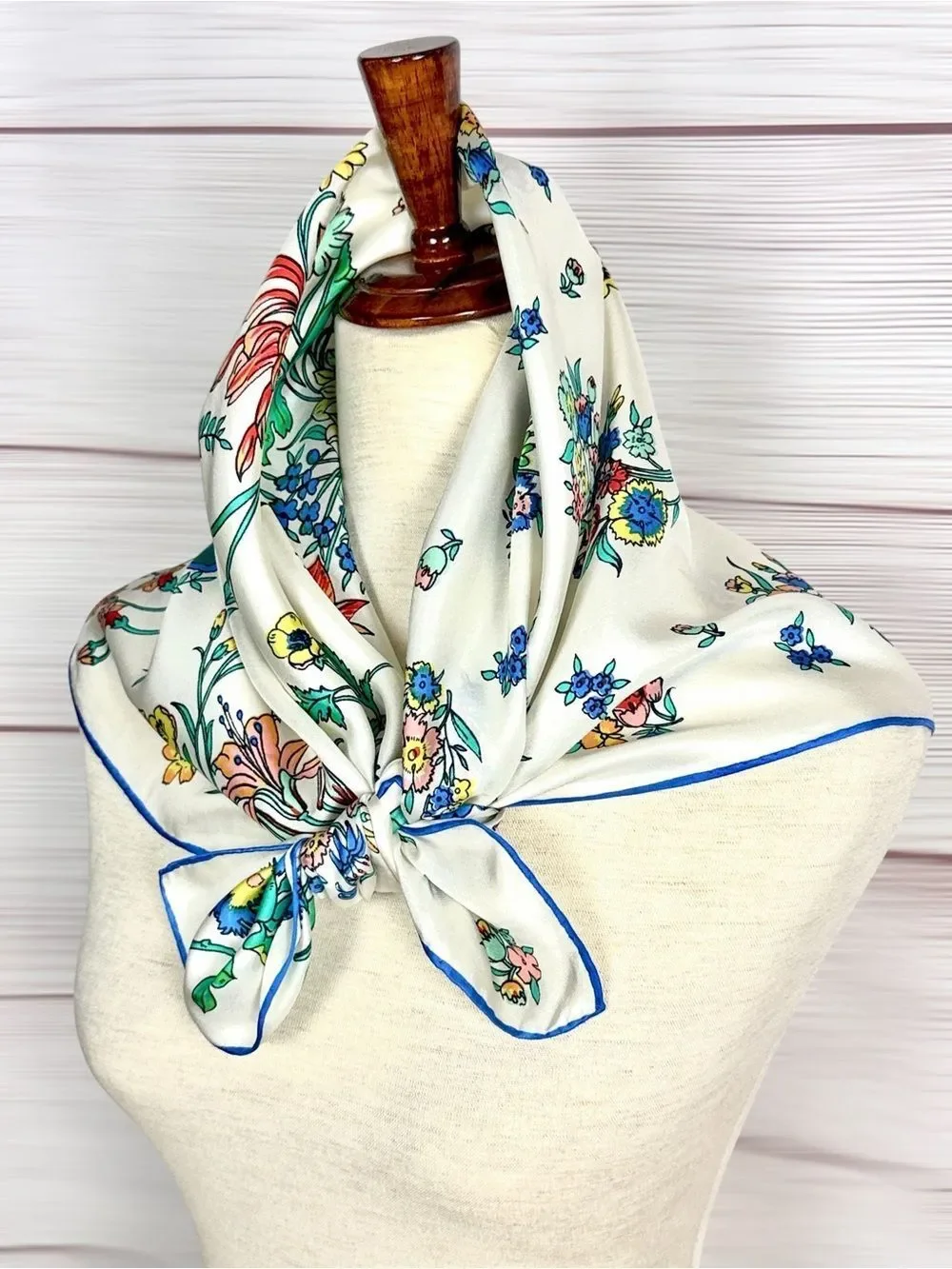 Vintage Square Silk Scarf Ivory with Floral Print Hand Rolled 28x28